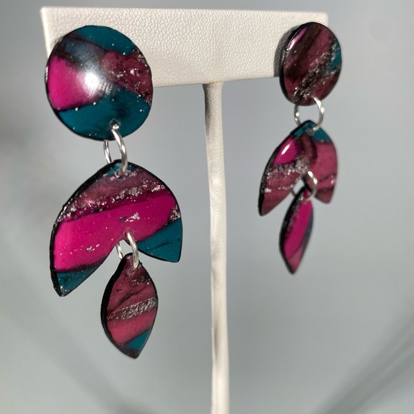 Handmade Polymer Clay Purple and Green Lightweight Dangle Post Earrings - Picture 3 of 6